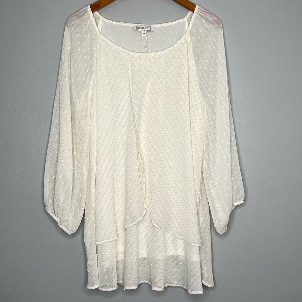 Blousology Cream Gold Metallic Long Sleeve Sheer White Chiffon Blouse NWT W
